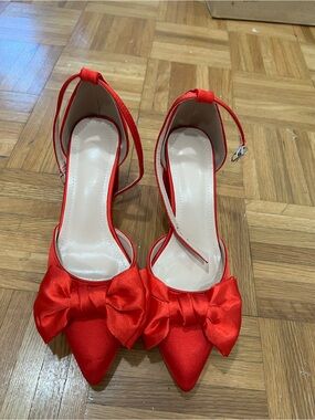 Red Satin Pointed-Toe Ankle-Strap Heels with Bow